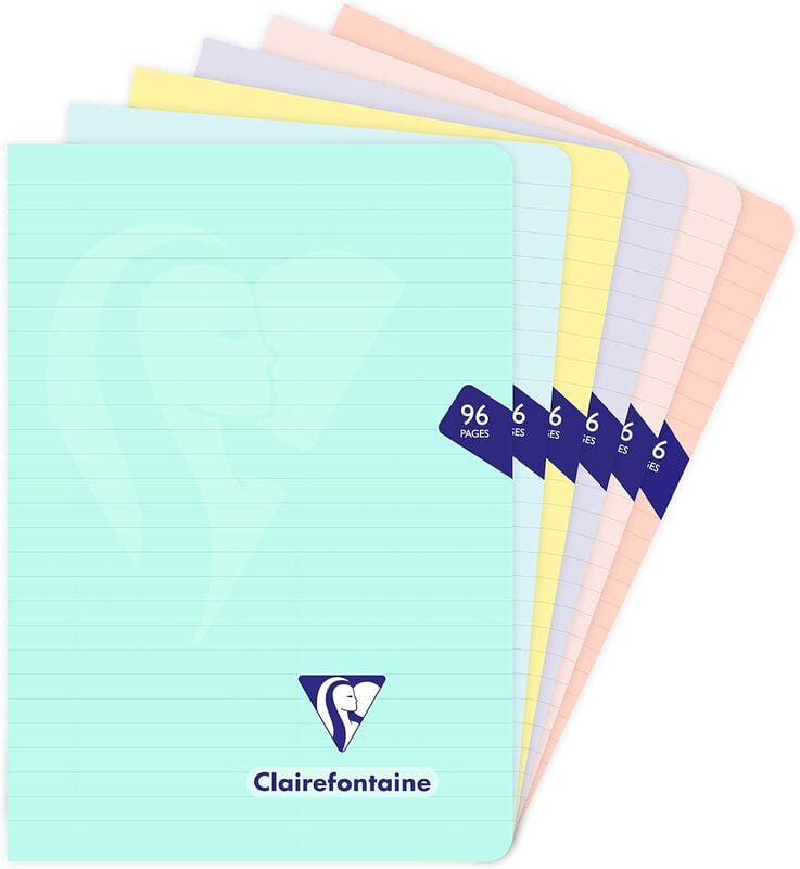 Clairefontaine MIMESYS PASTEL Stapled Notebooks, 90gsm, 96 pages, Set of 6 Pastel Colors