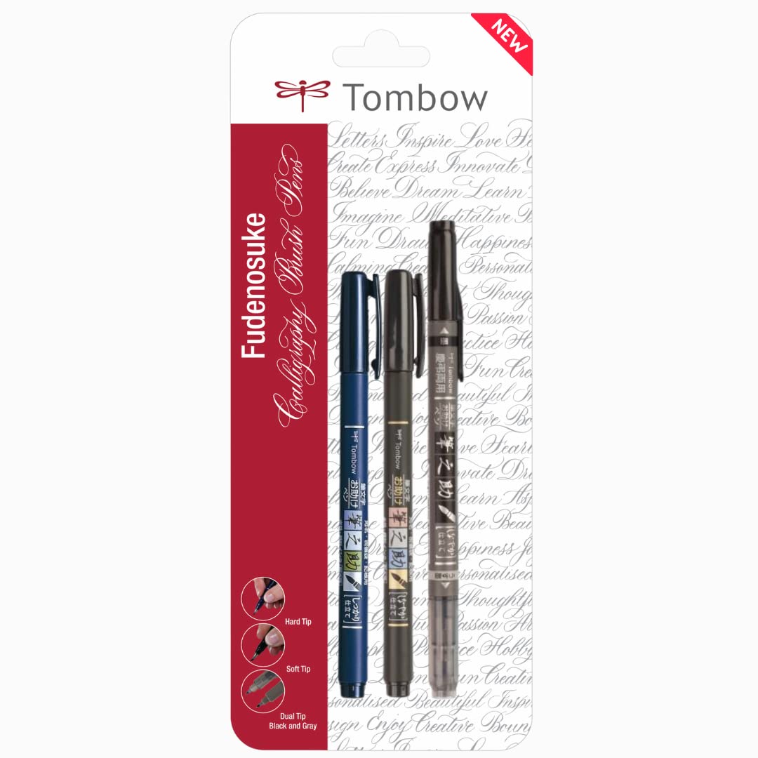 TOMBOW FUDENOSUKE BRUSH PEN SET, BLACK, HARD, SOFT TWIN TIP, 3-PACK
