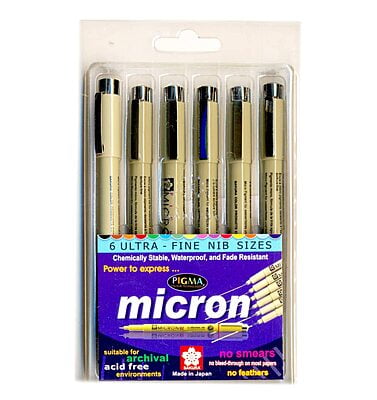 SAKURA PIGMA MICRON FINELINER PENS, CLASSIC SET OF 6 ASSORTED NIB SIZES, BLACK