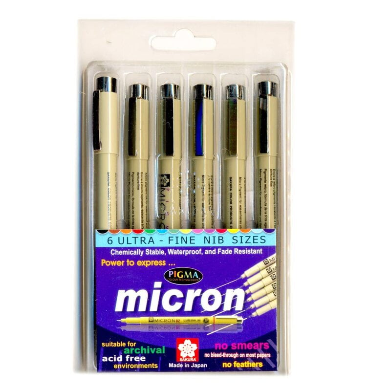 SAKURA PIGMA MICRON FINELINER PENS, CLASSIC SET OF 6 ASSORTED NIB SIZES, BLACK