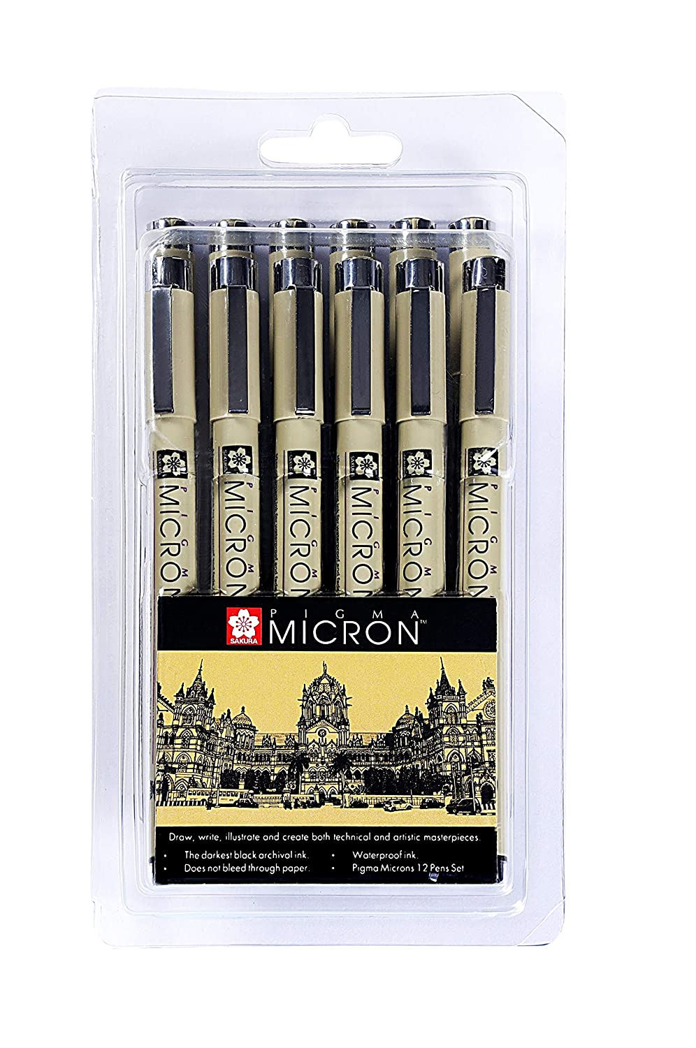SAKURA PIGMA MICRON FINELINERS SET, 12 ASSORTED NIBS, BLACK SET B