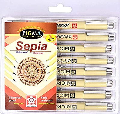 SAKURA PIGMA MICRON FINELINER PENS, SET OF 8 ASSORTED NIB SIZES, SEPIA