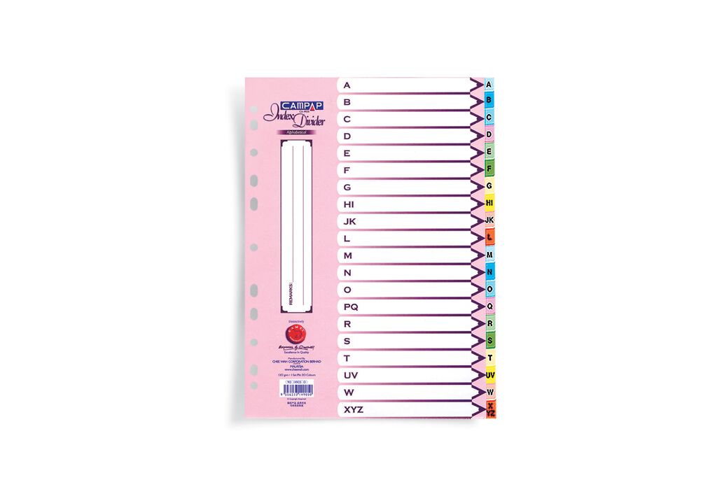 CAMPAP COLORED INDEX DIVIDER, ALPHABETIC (AZ), 120GSM, A4, 20S