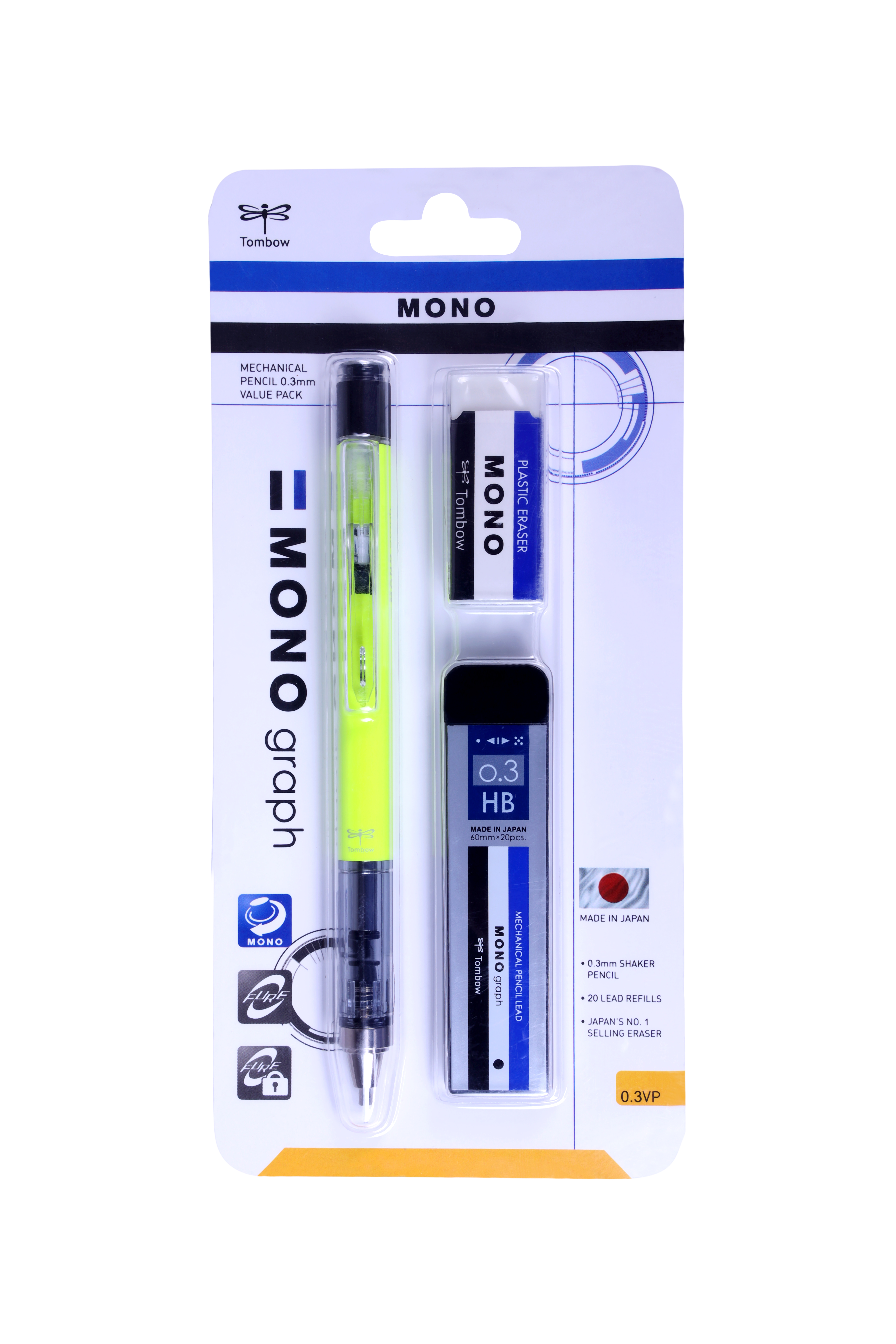 TOMBOW  MECHANICAL PENCIL MONO GRAPH,0.3MM, NEON YELLOW, VALUE PACK