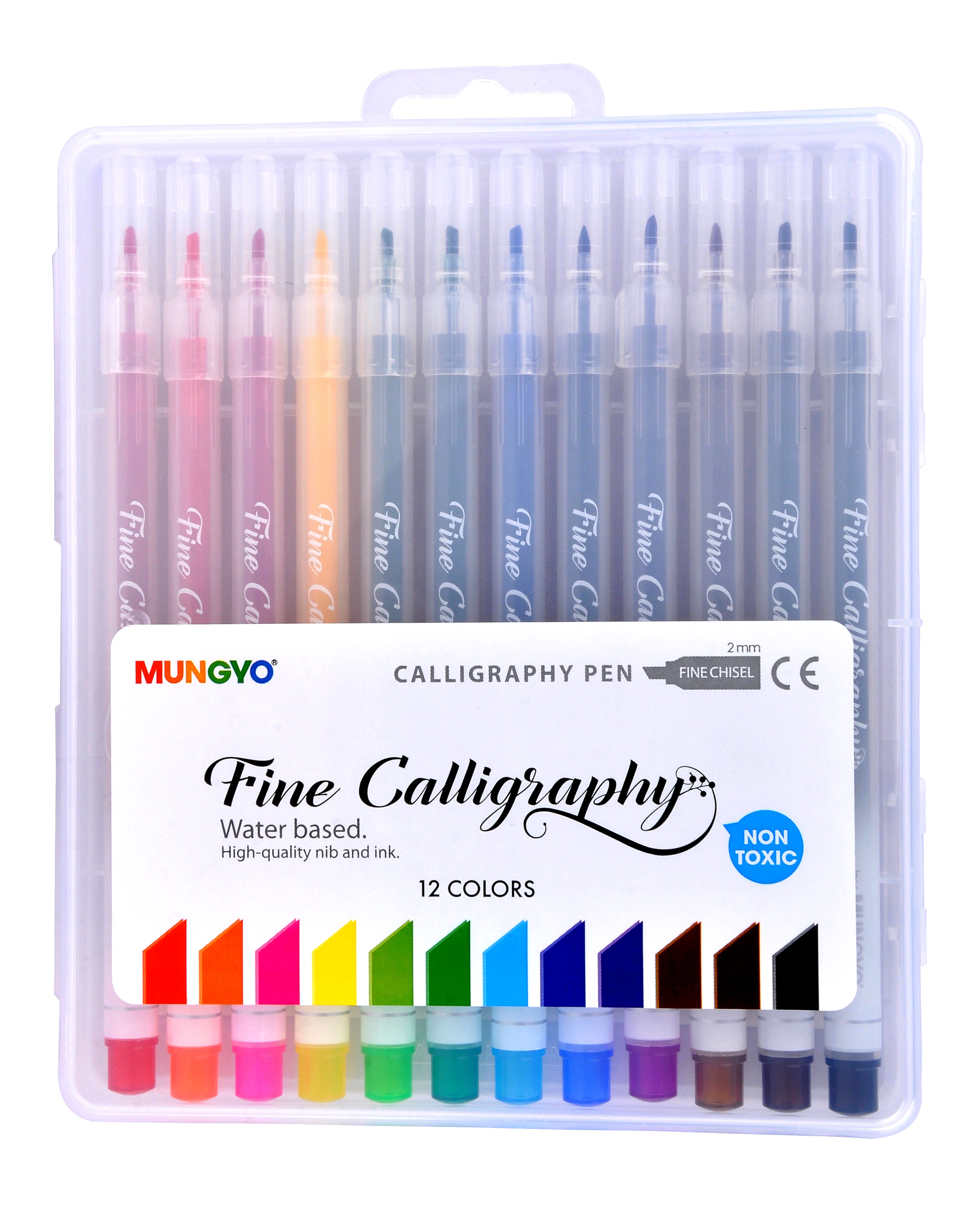 MUNGYO FINE CALLIGRAPHY PENS, SET OF 12 ASSORTED COLORS IN TRAVEL CASE