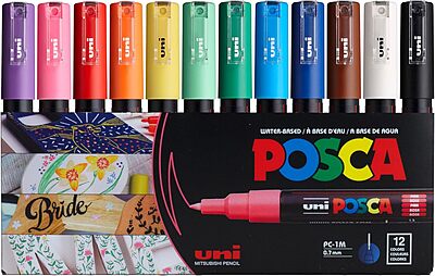 PC1M12C MITSUBISHI UNI POSCA MARKER SET, 1M, 12 ASSORTED COLORS
