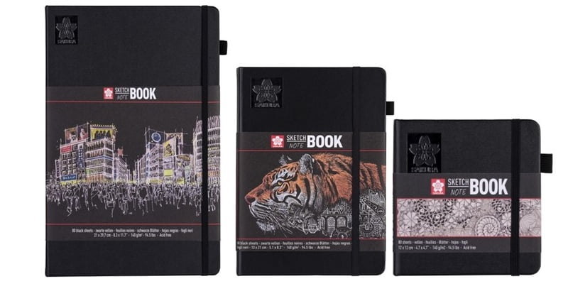 SAKURA HARDBOUND SKETCHBOOK, 140GSM BLACK PAPER, 160 PAGES