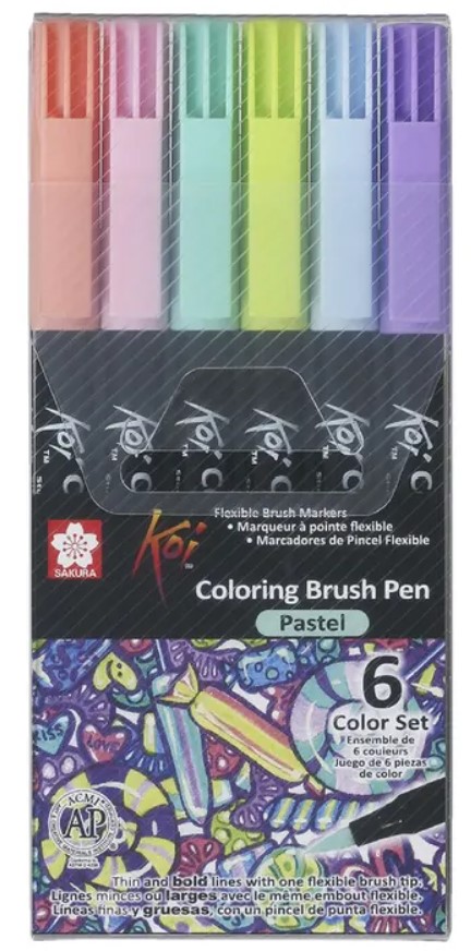 SAKURA KOI COLORING BRUSH PEN, SET OF 6 PASTEL COLOR