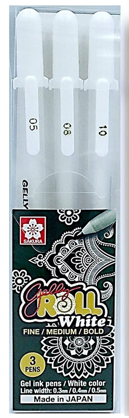 sakura gellyroll white gel ink pens, set of assorted nib sizes