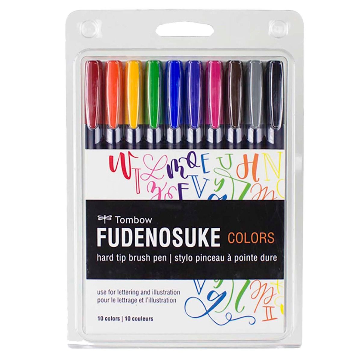 TOMBOW FUDENOSUKE BRUSH PEN, HARD TIP, SET OF 10 ASSORTED COLORS